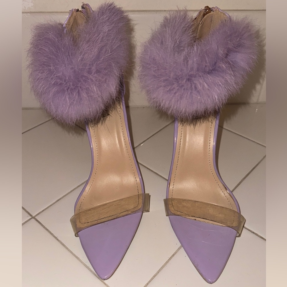 Miss Lola Lavender Fur Heels with clear strap.